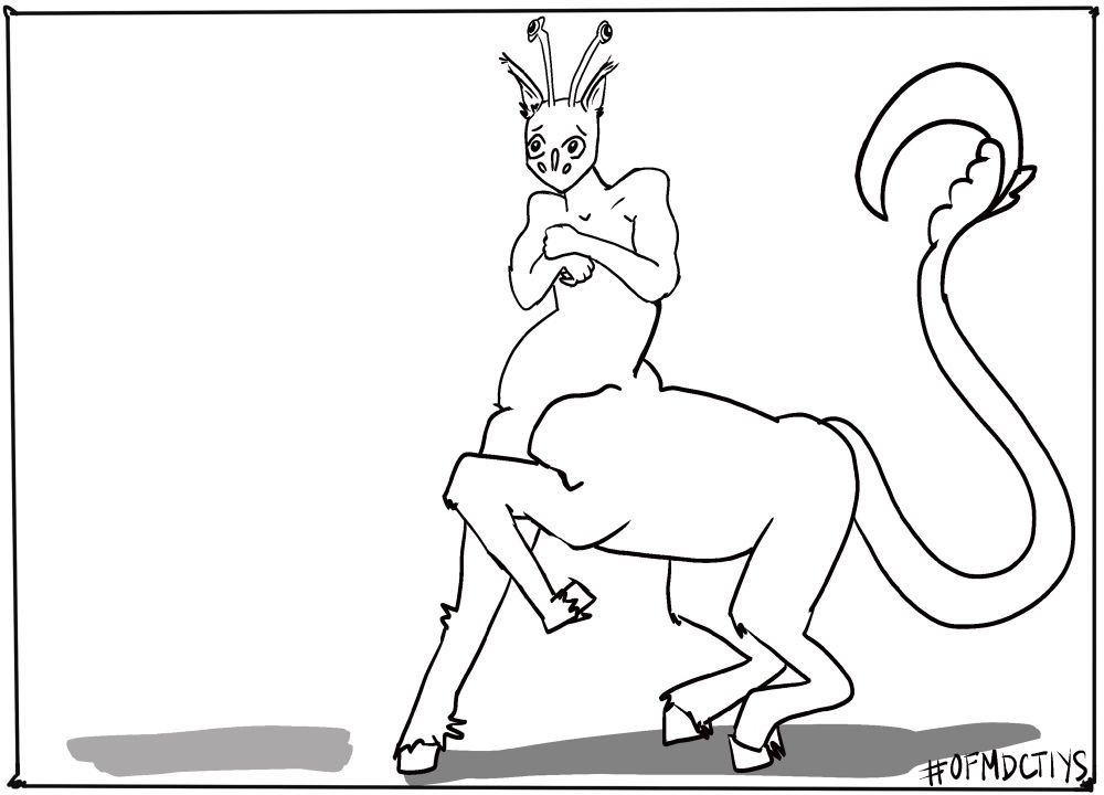 A black and white coloring page of an andalite looking startled. An andalite is an alien that has a horse/centaur body and a sort of snakey tail with a curved blade on the end. And the head has antennae eyes and no mouth. 