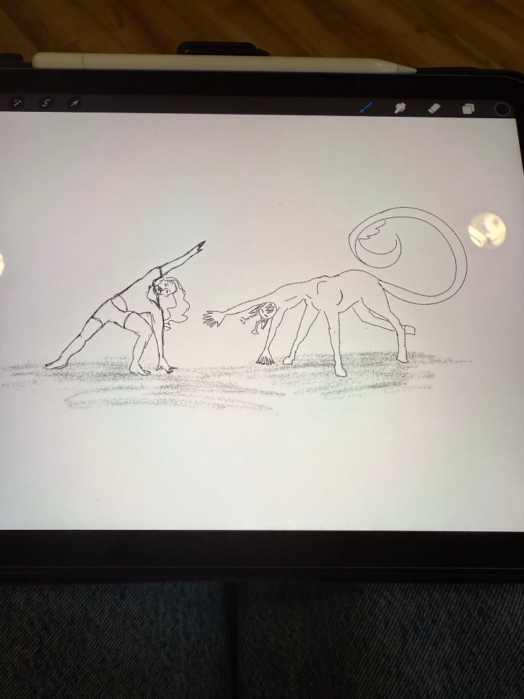 A photo of iPad screen, showing a digital pencil sketch of a human and an alien doing yoga together. 