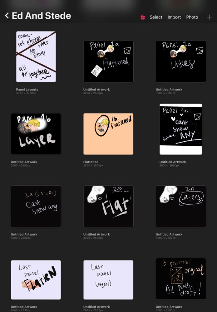 Screenshot of a procreate folder with 12+ files mostly hidden and labeled with panel numbers
