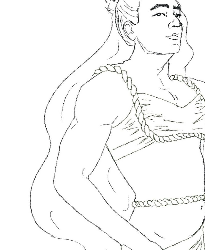 A rough digital sketch of Ed from our flag means Death. He's in 3/4 profile, his arm muscles really showing off here. He's in a rope-lined bralette and there are no facial hair or tattoo details drawn yet. 