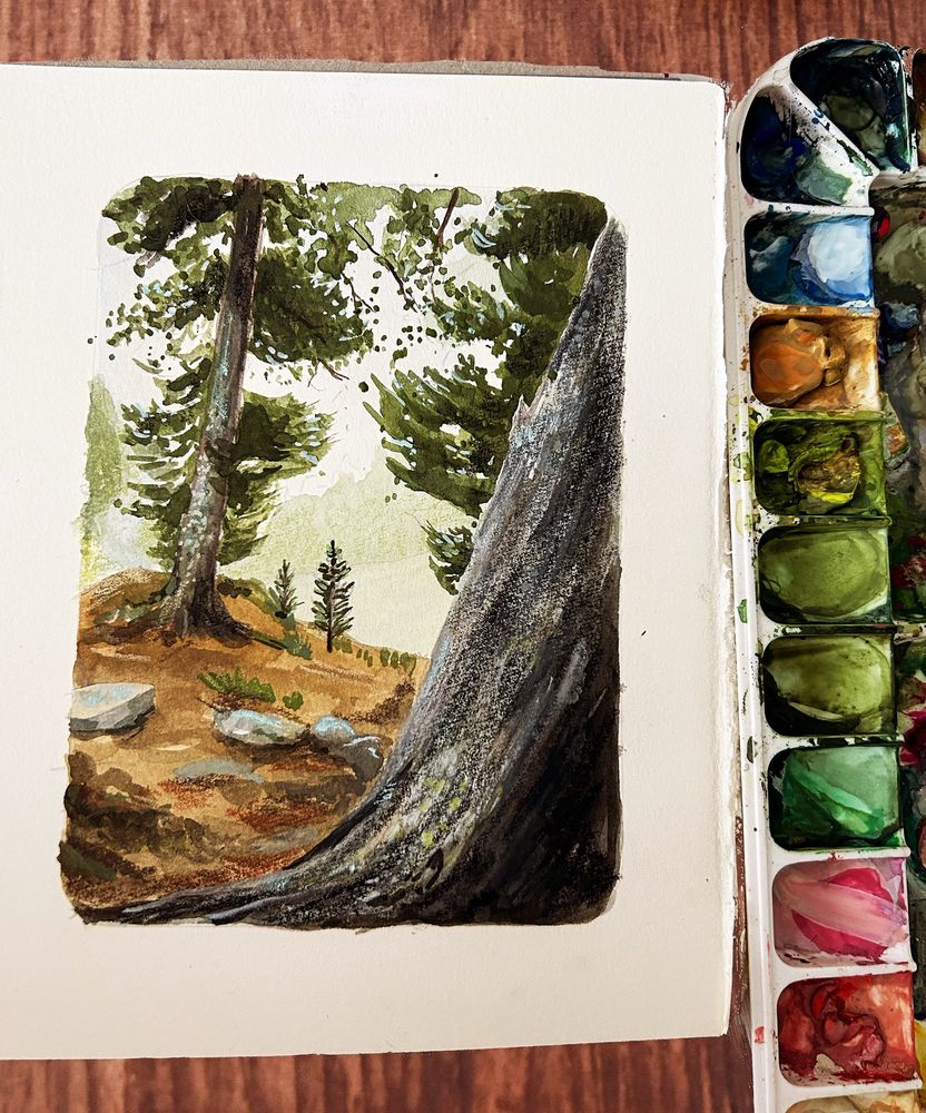 Watercolor sketch, landscape with a huge tree trunk in the foreground. 