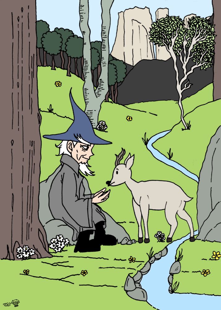 A colored illustration of Gandalf befriending a deer modeled after Josef Madlener’s Der Berggeist painting.