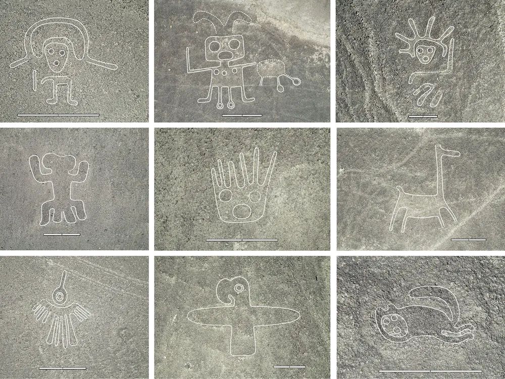 Images of ancient geoglyphs discovered in Peru - figures of birds, a cat-like creature(!), fish wielding knives (!!) , human hands and some llama-looking four-legged animal. 