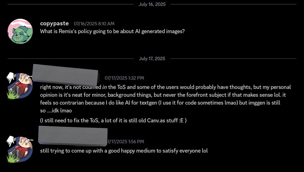 Chat discussion about AI image policy for Remix platform. User asks about policy, another responds about using AI for backgrounds vs main subjects.