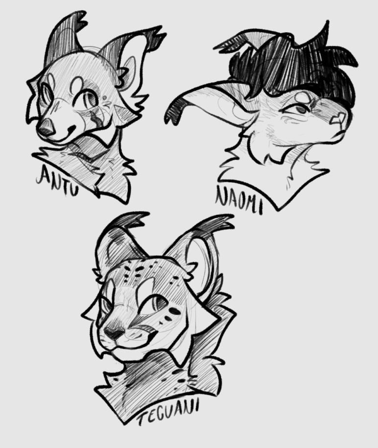 Skechers of 3 different character headshots. Top left is a character named Antu, who is a red panda with a scar on his cheek and on his neck. Top right is a feline character named Naomi, she has a stern face as she faces off to the right. Bottom center is another feline hybrid character named Tecuani, he looks towards the viewer off to the right with a confident smile

Art/Characters belong to Aeneak