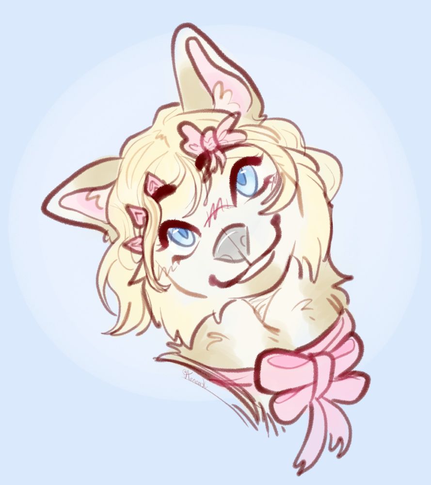 Headshot bust of a golden furred canine, tilting her head to the left as she looks up at the viewer with a soft gentle smile and lightly blushed cheeks.

Character belongs to AethyrDawn on bsky.
Art © Aeneak