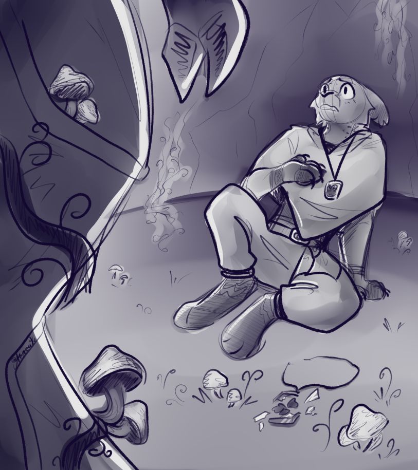 Sketch scene between two characters. On the right hand side is an anthro feline character who was thrown onto the ground, eyes wide with fear and ears flattened behind his head as he looks up towards the other character. On the left hand side we only see the back of the legs of another anthropomorphic bug character who is consumed by vines and fungi. Shown on the floor surrounded by moss and fungi is a shattered glass pendant 

Art/Feline character belong to Aeneak
Anthro bug character belongs to InTheVoid