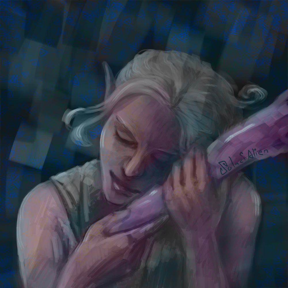 Digital art sketch of a half elf (my BG3 honour mode durge without all the decorations) holding something precious with their eyes closed.