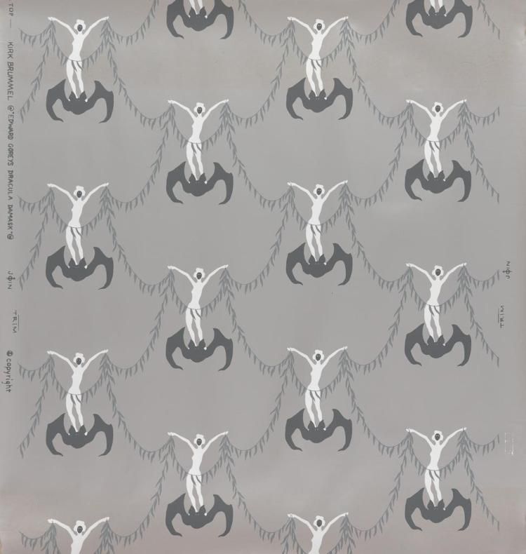 Damask wallpaper designed by Edward Gorey as a marketing tie-in to the 1977 Broadway production of “Dracula,” showing white figures riding bats while holding interconnected garlands.