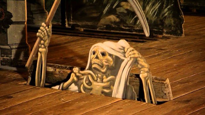 Original Drottningholm Slottsteater pop-up skeleton with scythe.
