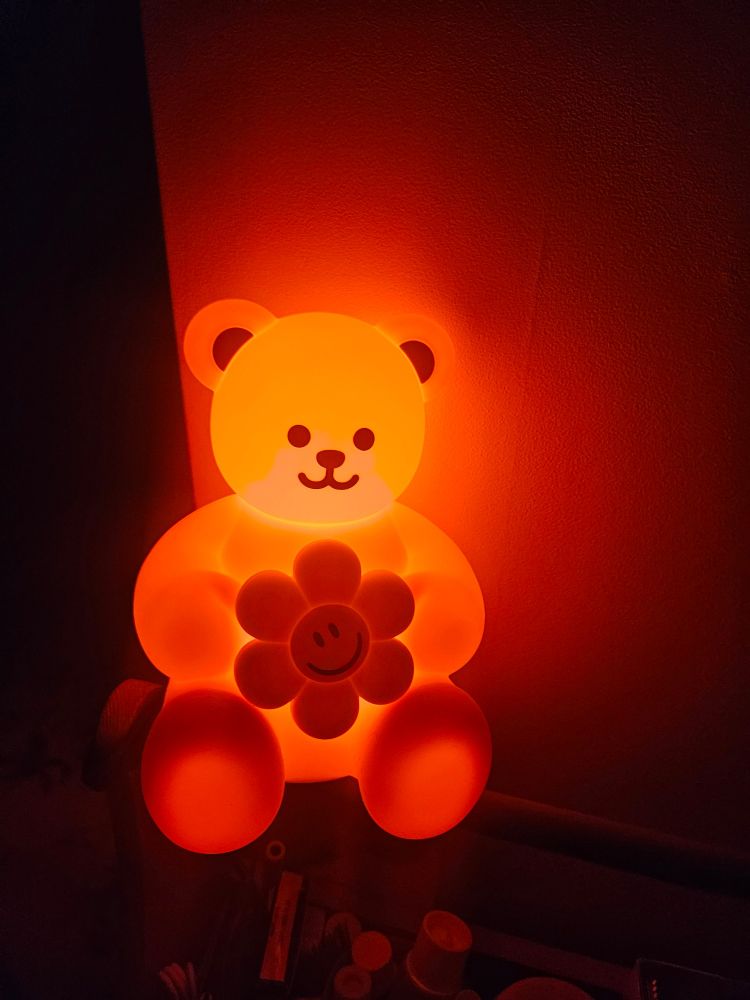 빨간색으로 빛나는 곰돌이 조명이 어두운 방안을 밝히고 있다.