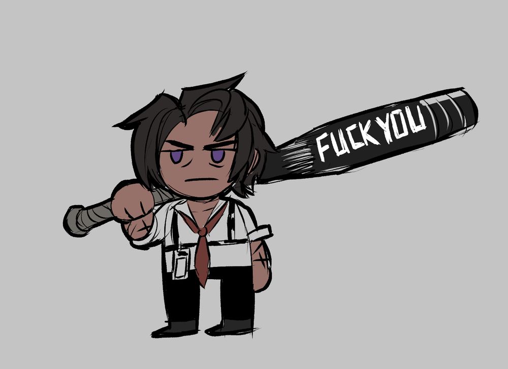 A chibi of Heathcliff from Limbus Company standing, looking disgruntled as his black metal baseball bat says "FUCK YOU" in all caps instead of "REVENGE".