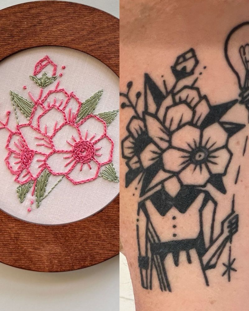 A pink and green floral embroidery, framed in a caramel-colored round wooden frame, next to a second photo of the same design as a tattoo.