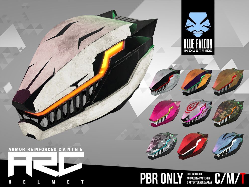 Advertisement shot of the ARC Helmet by Blue Falcon Industries, a furry-themed helmet with multiple texture options visible on the ad.