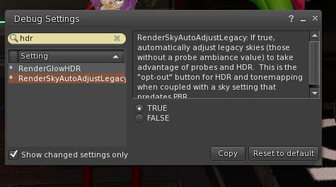 The Debug Settings window from Firestorm 7.1.13, showing the setting RenderSkyAutoAdjustLegacy set to True, to make EEPs across the board look better.