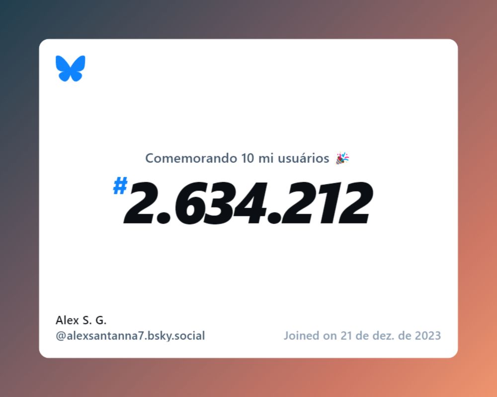 Um certificado virtual com o texto "Comemorando 10 milhões de usuários no Bluesky, #2.634.212, Alex S. G. ‪@alexsantanna7.bsky.social‬, ingressou em 21 de dez. de 2023"