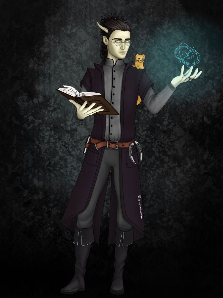 Digital art of a pale-skinned tiefling, holding a book in one hand and casting a spell in another. A tiny golden weasel rests on his shoulder.
