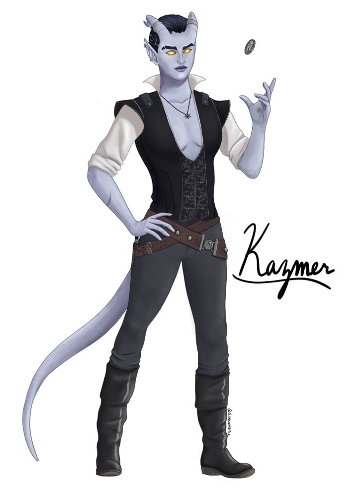 Digital art of a pale grey-skinned tiefling woman flipping a coin with the symbol of Olidammara in her left hand.