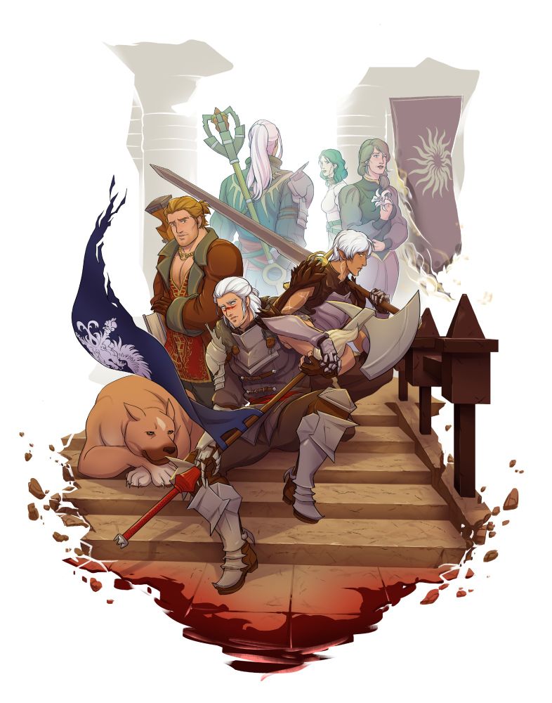 A group shot of characters from Dragon Age 2. Hawke, the Champion of Kirkwall is seated on a short flight of stairs, a mage staff which looks like a large halberd is gripped in his hands. On the staff of the halberd, a tattered grey warden banner is afixed, billowing in the wind. Hawke is a man with long white hair that is partially pulled back, his face painted with the iconic blood smear. Hawke has a pensive expression on his face. The ground in front of him is pooling with blood, and the edges of the composition transition to shattering stone. Fenris crouches just behind Hawke, one arm resting on Hawke's shoulder, with Fenris' hand resting just short of Hawke's hand. In Fenris' other hand, he grips a giant sword. Rufus, a big mabari hound is curled up on Hawke's other side. Behind Rufus stands Varric, with the Tale of the Champion book tucked under one arm. He glances down at Hawke with a small, sad smile. Behind everyone, the spirits of Hawke's lost family members look on, as they are partially engulfed by light. Fading into the background is a Chantry banner, which is tattered and partially engulfed by pale flames.