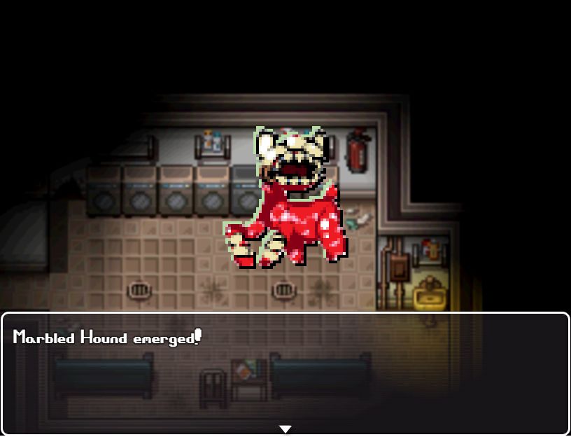 an rpg-style scene with a creature appearing for combat. the creature is a dog-like being with its body comprised of shiny red meat. it has peculiarly jointed legs, the front of which end in bandages, and a skull-like head with large sharp teeth. the text in a box reads "Marbled Hound emerged!". the backdrop is of what appears to be a laundry room