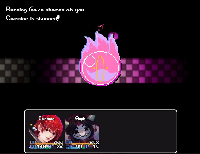an rpg-style encounter is underway. an enemy that appears to be a bright pink and violet ball of fire with a yellow iris is facing the party. the box below has two icons, a red-haired woman holding a knife and a blue-skinned cow-like woman with large fangs, a spot on her forehead, and dangling ears. the text at the top reads "Burning Gaze stares at you. Carmine is stunned!" while the character names below read "Carmine" and "Sluph". The backdrop is of a checkered walkway over a dark abyss, with a pink lightsource shining from the middle.