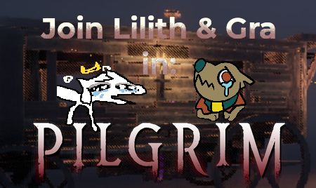 a rickety wooden carriage is laden with a sobbing crying hyena lady and a crying sobbing goat angel. the text reads "Join Lilith & Gra in PILGRIM"