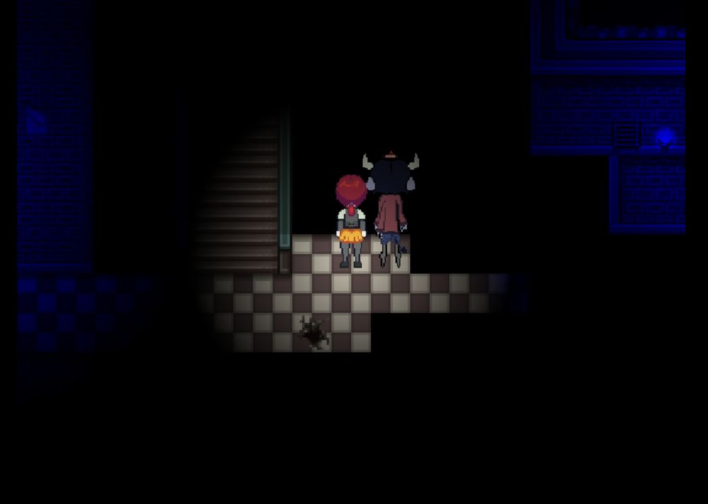 a sprite-based game screenshot. a pair of women are standing on a checkered walkway over a dark abyss. there is a staircase nearby to them and a pair of blue lightsources to the left and right. the woman on the left has red hair pulled into a ponytail and is wearing a formal vest and skirt, while the woman on the right is extremely tall, with bovine horns and dangling ears. she seems to have a third arm on her left side, a candle stub floating over her head, and thin spine-like legs.
