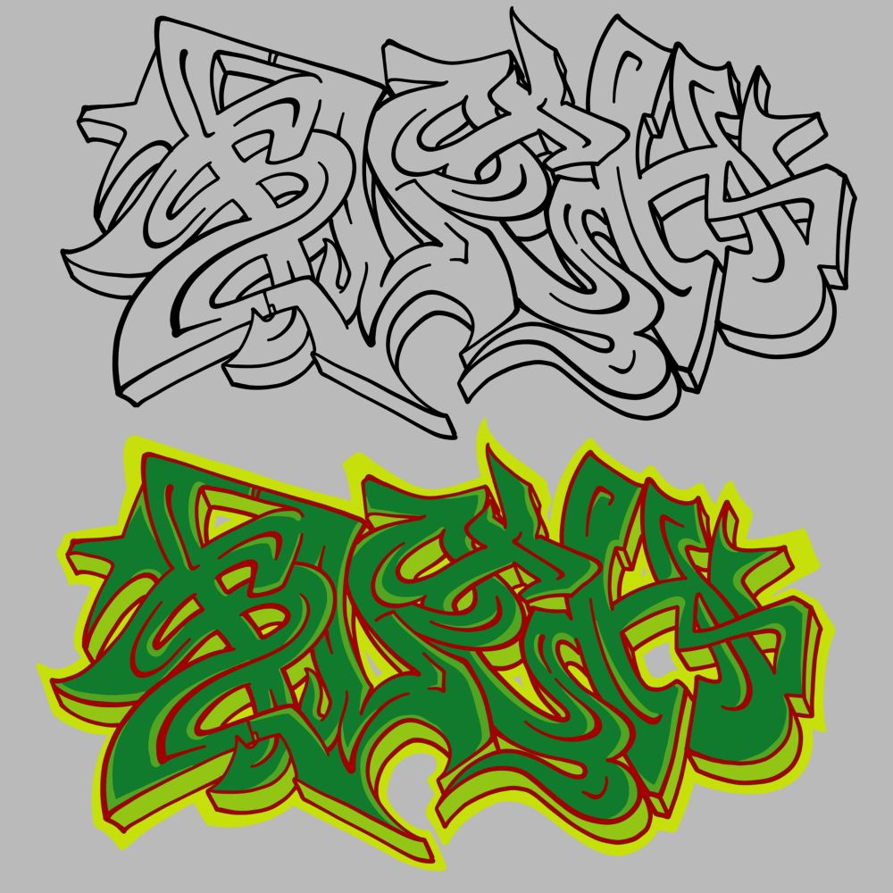 Two drawings of the word “sloth” one above the other. The top iteration is a cleaned up version of the stylized sketch in the previous image, with bolder and cleaner lines and a 3d effect added. The bottom iteration is the same but with color added, the letters are filled in with a forest green, the edges have a slightly lighter green for highlights, the overall outline is red, the 3D is filled with a lime green color while the whole sketch is outlined with a neon green/yellow border.