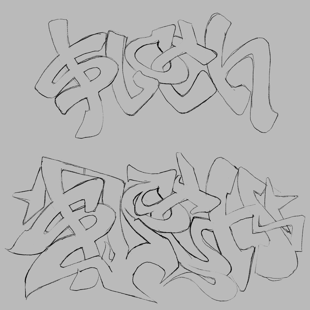 Two rough sketches of the word “sloth” one on top of the other, the top iteration is simple and easily read while the bottom iteration is similar as far as composition and letter structure, but more complex with various elements added to stylize the lettering.