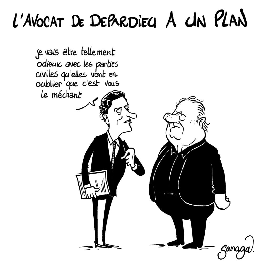 Titre : l’avocat de Depardieu a un plan
Image : l’avocat de Depardieu (Jérémie assous) parlant à Gérard Depardieu : « je vais être tellement odieux avec les parties civiles qu’elles vont en oublier que c’est vous le méchant »