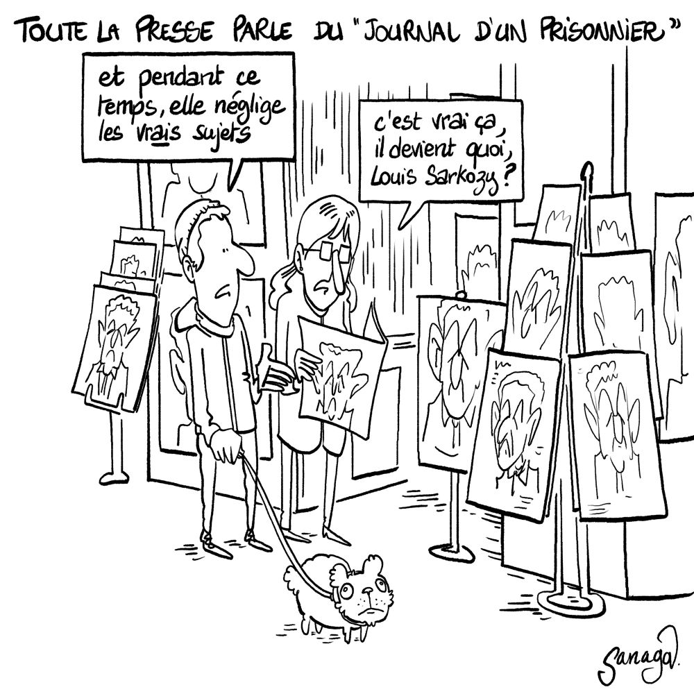 Titre : toute la presse parle du « journal d’un prisonnier »
Image : un homme et une femme devant un kiosque à journaux avec des têtes de Nicolas Sarkozy sur toute la presse.
L’homme : « et pendant ce temps, elle (la presse) néglige les vrais sujets »
La femme : « c’est vrai ça, il devient quoi, Louis Sarkozy ? »