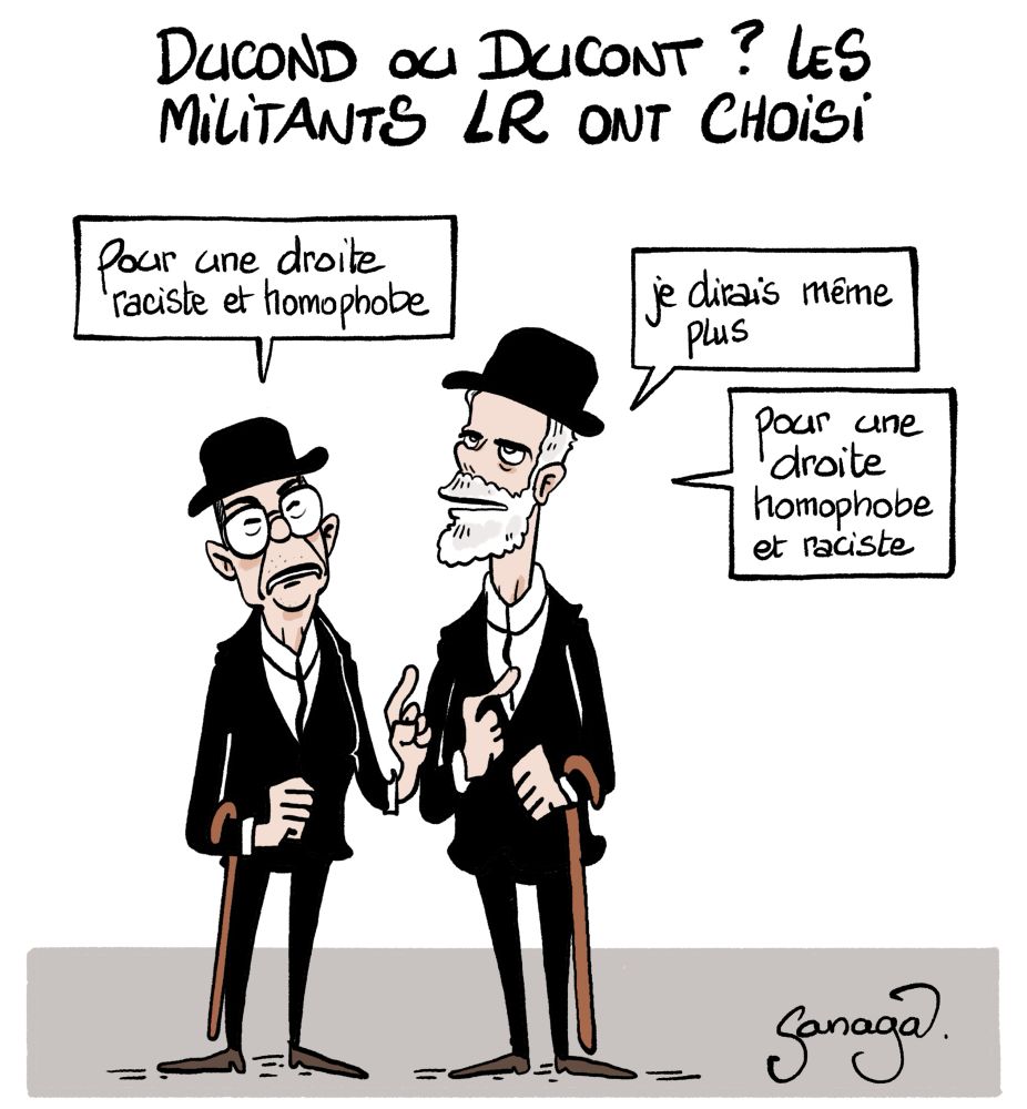 Titre : Ducond ou Ducont ? Les militants LR ont choisi
Image : Retailleau et Wauquiez en Dupond et Dupont.
Retailleau : « pour une droite raciste et homophobe »
Wauquiez : « je dirais même plus, pour une droite homophobe et raciste »
