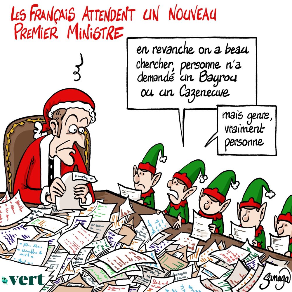 Titre : les français attendent un nouveau premier ministre 
Image : Macron en père Noel lit des lettres avec des lutins
Un lutin : «  en revanche, on a beau chercher, personne n’a demandé un Bayrou ou un Cazeneuve… mais genre, vraiment personne »