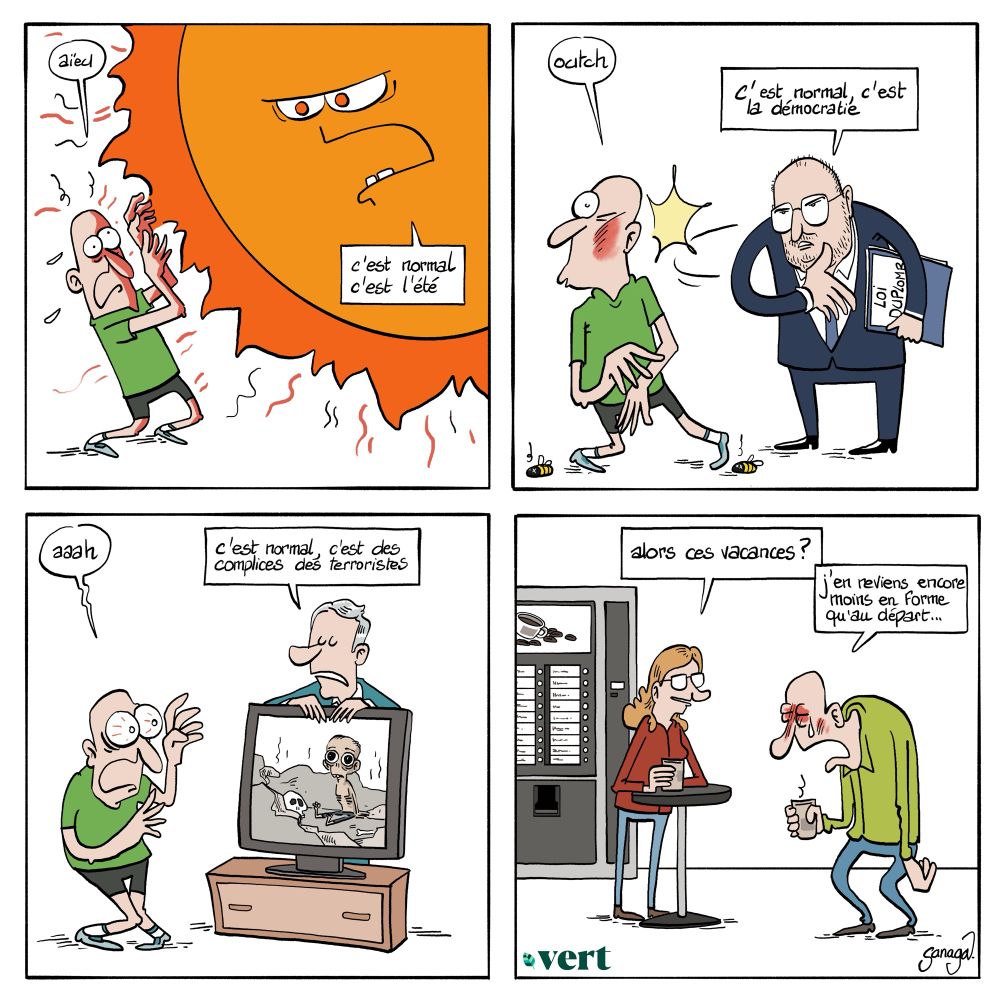 Bd 4 cases
Case 1 : une personne brûlée par un soleil gigantesque : « aieu »
Le soleil : « c’est normal, c’est l’été »

Case 2 : la même personne prend une bâche par Duplomb : « outch »
Duplomb : « c’est normal, c’est la démocratie »

Case 3 : le personnage horrifié devant sa télé qui diffuse des images de Gaza : « aaaah ». 
Un individu derrière la télé : « c’est normal, c’est des complices des terroristes »

Case 4 : le personnage explosé à la machine à café au travail. 
Sa collègue : « alors ces vacances ? »
Le personnage : « j’en reviens encore moins en forme qu’au départ »