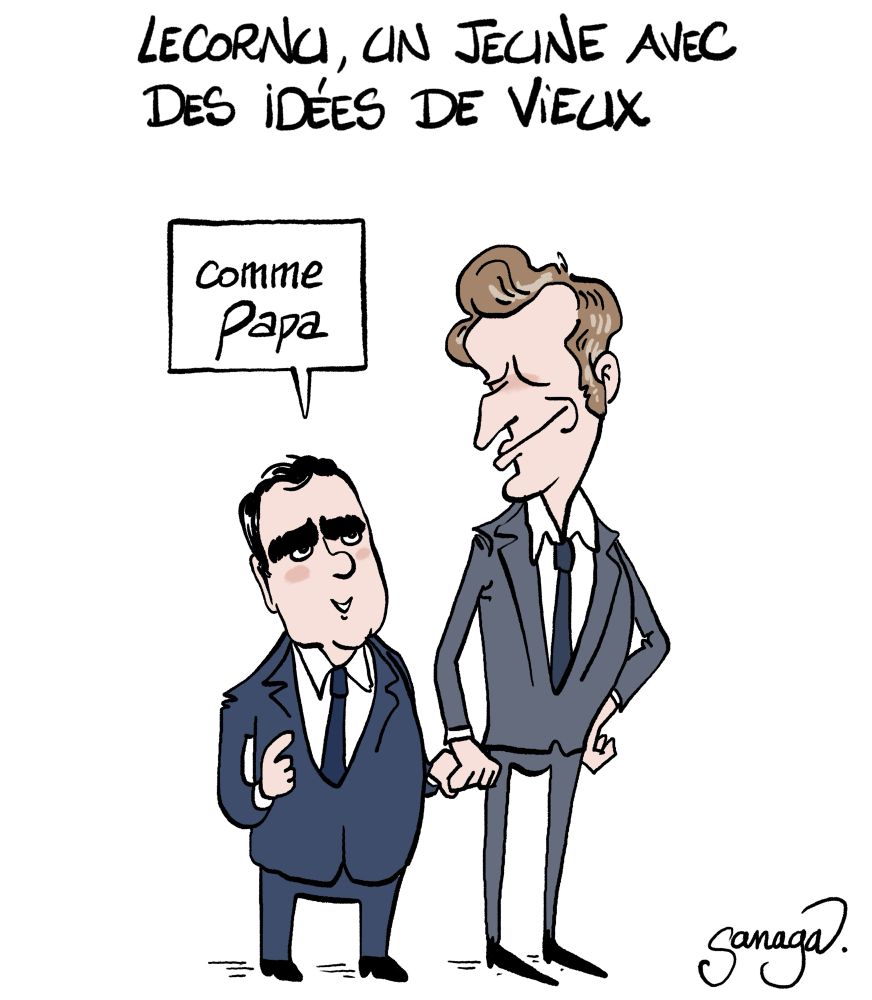 Titre : Lecornu, un jeune avec des idées de vieux
Image : un petit Lecornu tient la main d’Emmanuel Macron 
Lecornu (en réponse au titre), regardant Macron : « comme papa »