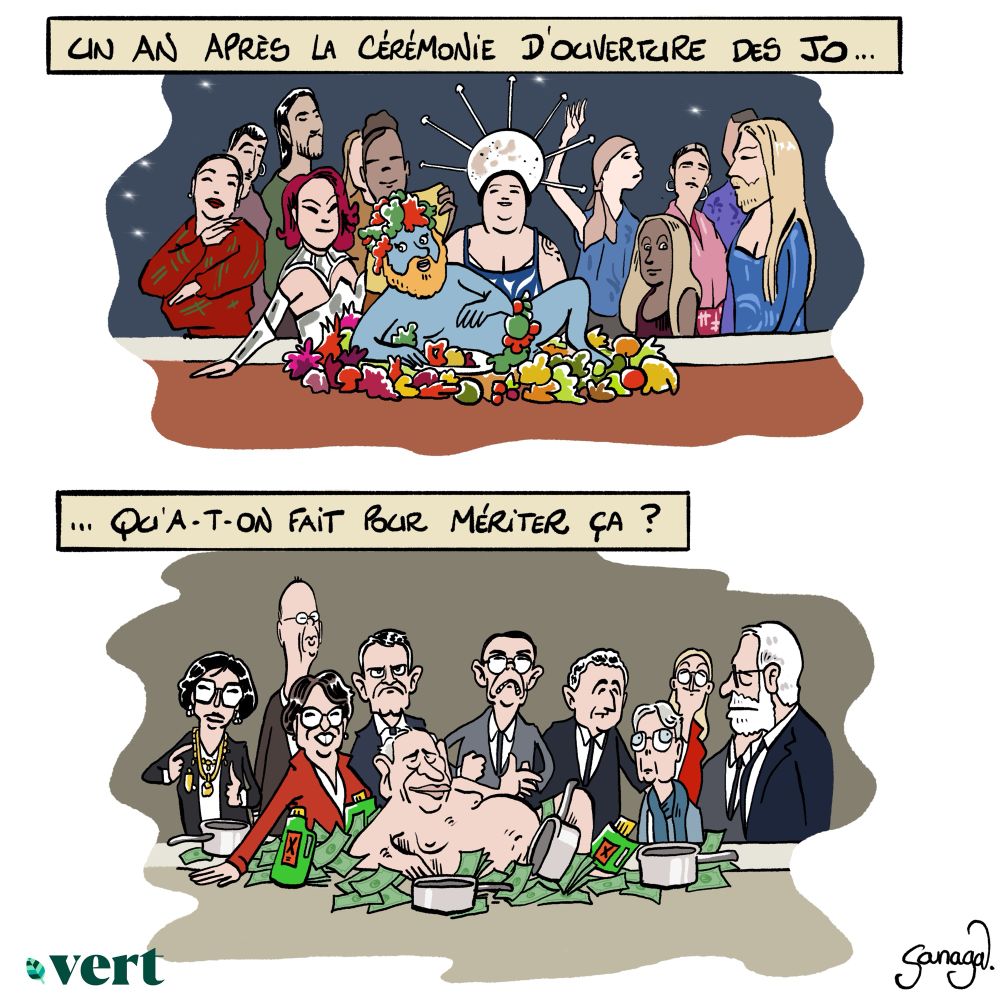 2 images en symétrie 
Image du dessus : la scène avec Philippe Katerine en géant bleu dans une fête païenne. Titre : « un an après la cérémonie d’ouverture des JO… »
Image du dessous : la même scène mais avec les membres du gouvernement sur un lit de casseroles de billets. Titre : « qu’a-t-on fait pour mériter ça ? »