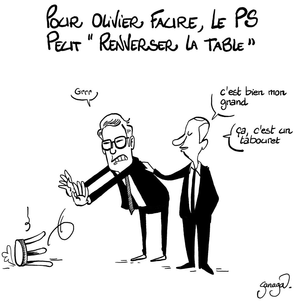 Titre : pour Olivier Faure, le PS peut « renverser la table »
Image : Olivier Faure en colère qui vient de pousser un tabouret à terre. Un homme lui tape sur l’épaule : « c’est bien mon grand, ça c’est un tabouret »