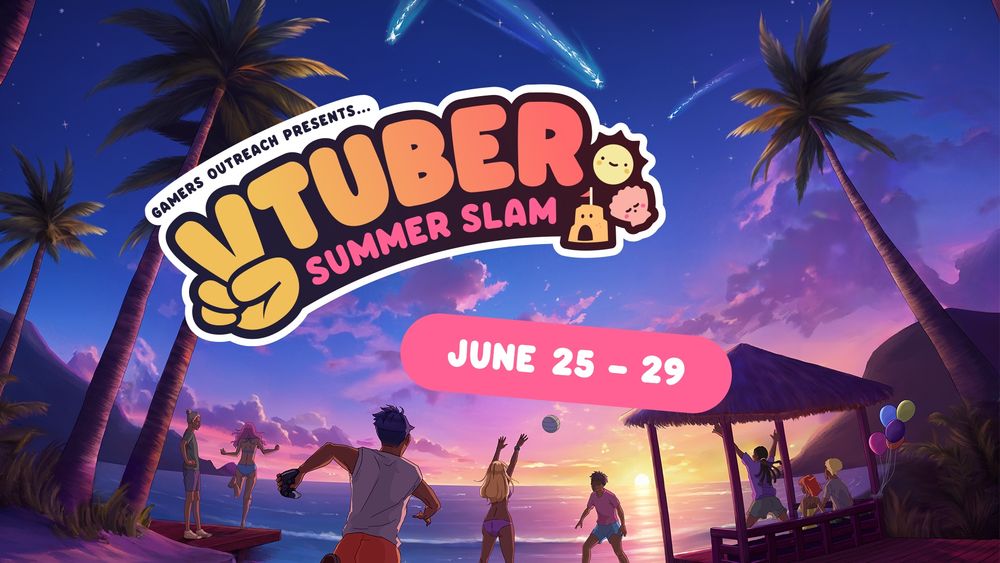Tropical beach scene at sunset with palm trees and vibrant sky. People enjoy activities like volleyball and relaxing by a thatched hut. Large text reads "VTuber Summer Slam" with a June 25-29 date. Playful graphics include hand peace sign, sandcastle, sun, and shell.