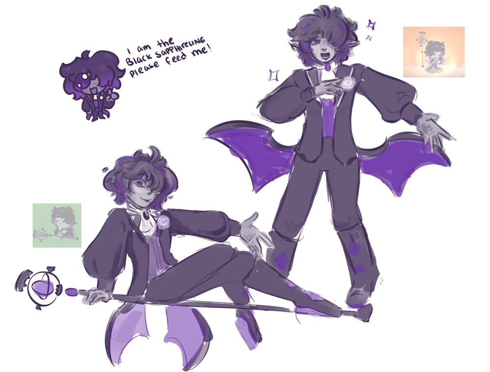 multiple doodles of black sapphire cookie, based on his in-game sprites. on the left is his pick-up animation, and on the right is his promotion/ascension animation. in the top left is another small doodle with text that reads "i am the black sapphireling please feed me!"