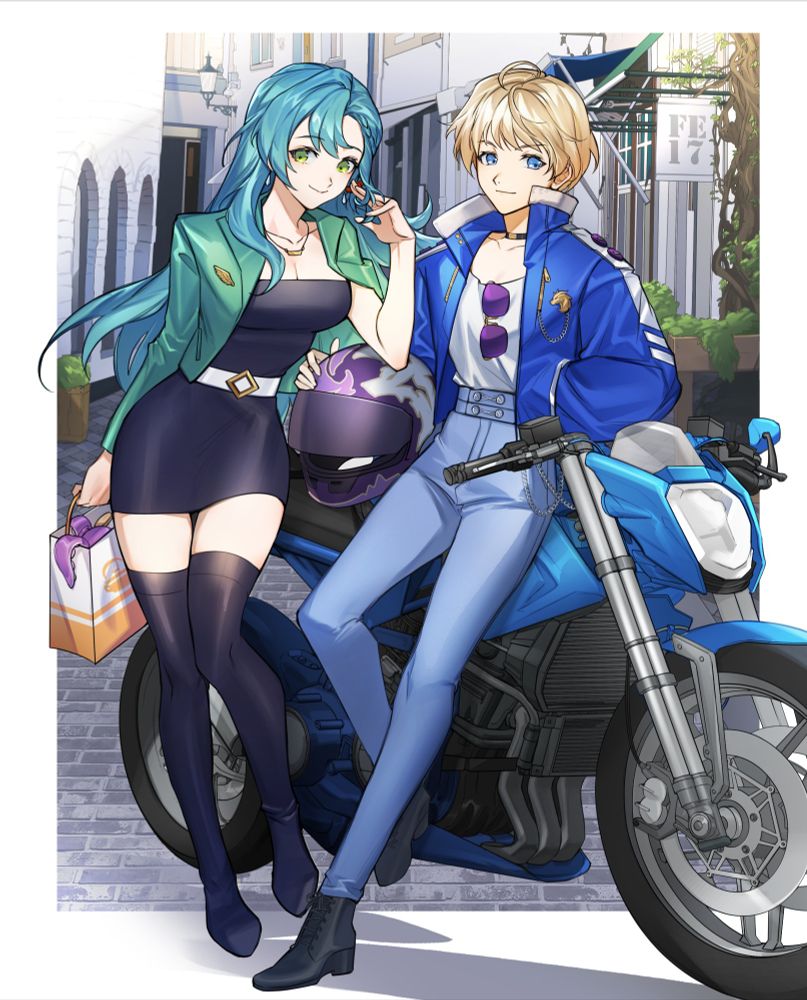 Chloe and Merrin from Fire Emblem, dressed for a modern day setting. Merrin is a biker, carrying a helmet and resting on a motorbike, while Chloe carries a takeaway bag filled with dubious folk food.