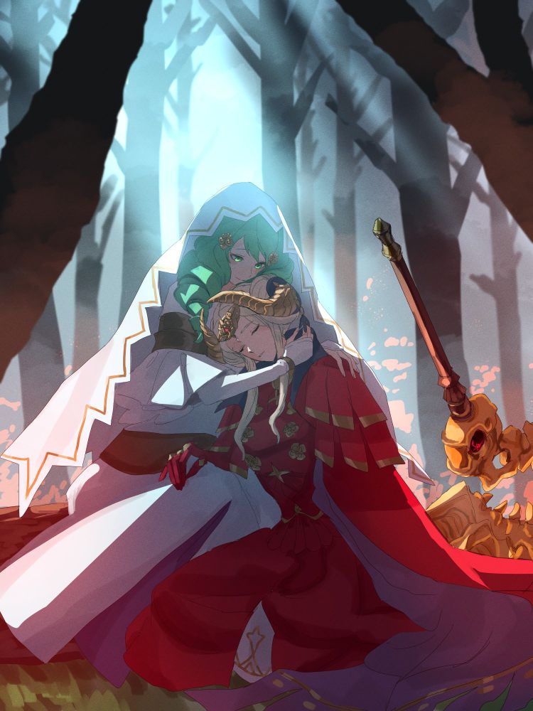 Edelgard and Flayn from Fire Emblem, sitting together in the wake of a battle. Edelgard rests her head in Flayn's arms, who cradles her gently. They are bathed in both the light of the moon and distant flames, and Aymr rests a close distance behind them.