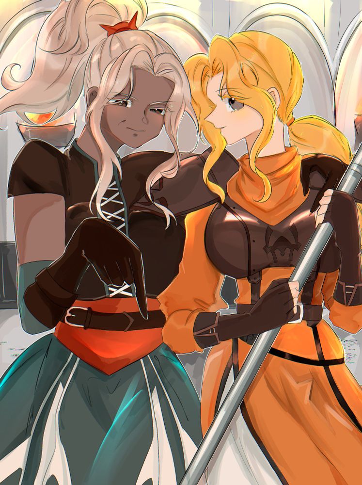 Art of Saphir and Eyvel from Fire Emblem. They stand side by side, looking at the viewer.