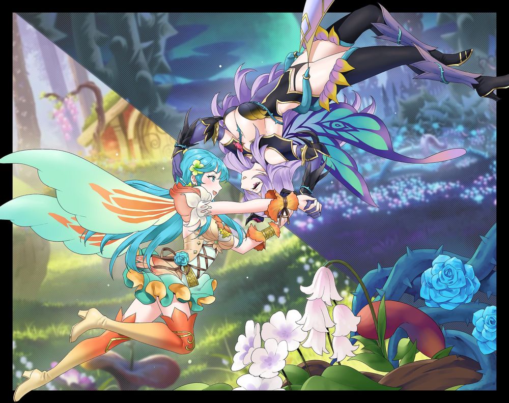 Eirika and Camilla from Fire Emblem, both in their alfr (fairy) outfits. Eirika is upright, while Camilla is upside down, both flying on their wings. They hold hands and look into each other's eyes.