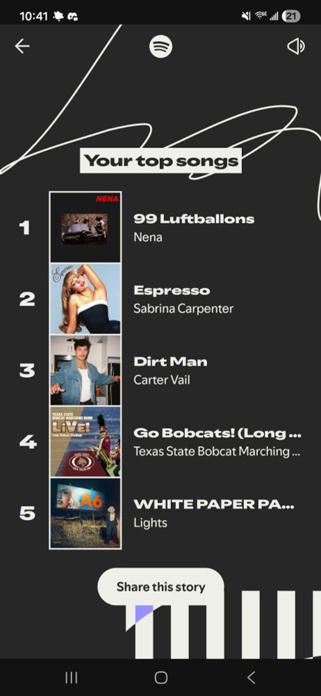 My top 5 songs: Redacted. Jk, 99 Luftballons, Espresso, Dirt Man, the TXST fight song, and White Paper Palm Trees. 