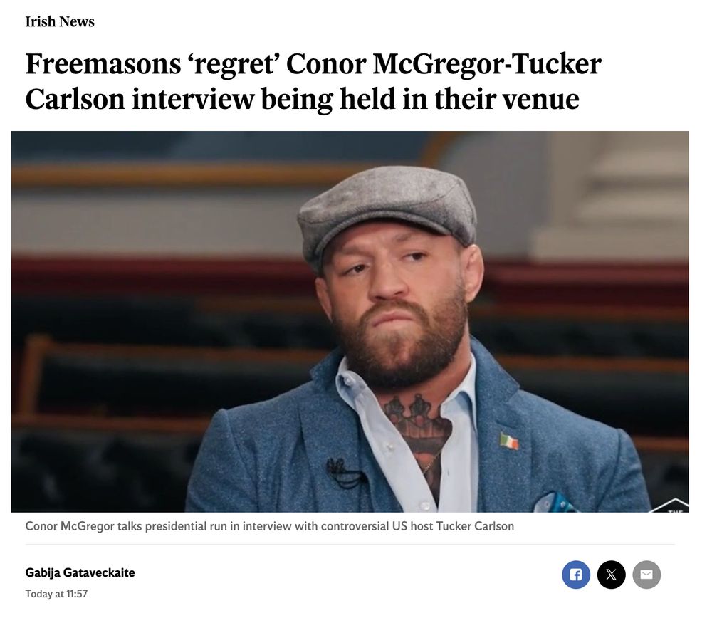 Headline reading "Freemasons regret Conor McGregor-Tucker Carlson interview being held in their venue"