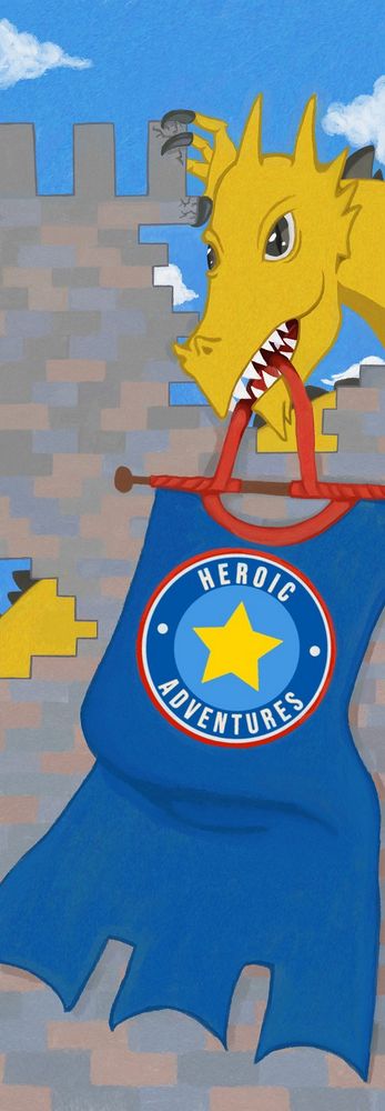 Bookmark commission of a gold dragon holding a blue banner in it's mouth while destroying a castle wall