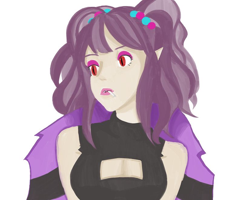 A vampire girl with red eyes and purple hair pulled up in pigtails with blue and pink ball-shaped hair ties. She has a cigarette in her mouth and bright pink eyeshadow. My OC for a potential comic I have been working on.