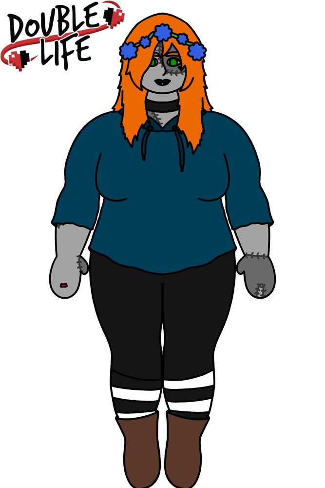 Another digital drawing of ZombieCleo on her red life, skin grey and life ring red to accompany it.

Her outfit is similar to before except now the hoodie is not cropped and the sleeves are much past her elbows and instead of shorts she has long black leggings, same as Third Life.

Everything else is still the same, her boots, socks, choker, flowers and tattoo remains.