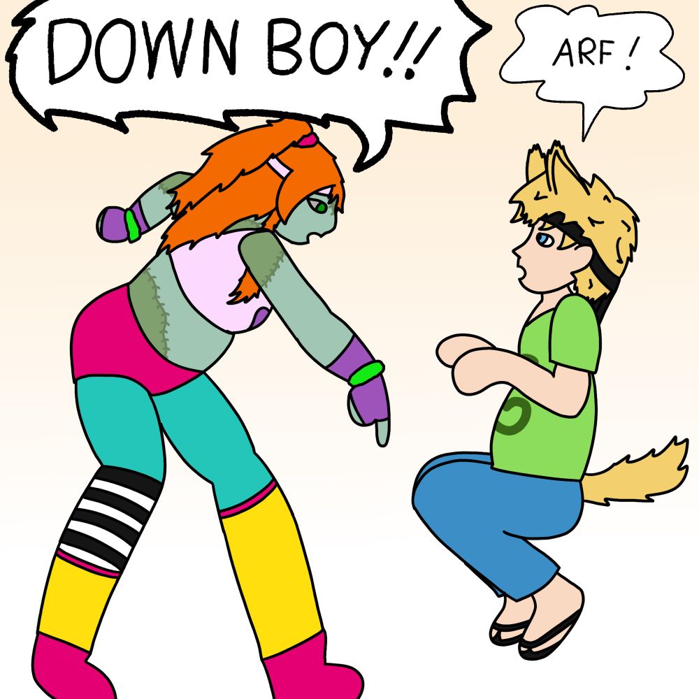 A redraw of a frame from a comic. ZombieCleo, a greenish coloured zombie wearing a lavender crop top with a purple heart on it, hot pink shorts and teal leggings with yellow leg warmers and pink boots, is pointing at Martyn, a pale human x dog hybrid, shouting “down boy!!” Martyn has jumped into the air, letting out an “arf!!” of surprise as Cleo shouts at him.

The drawing is based on Secret Life.