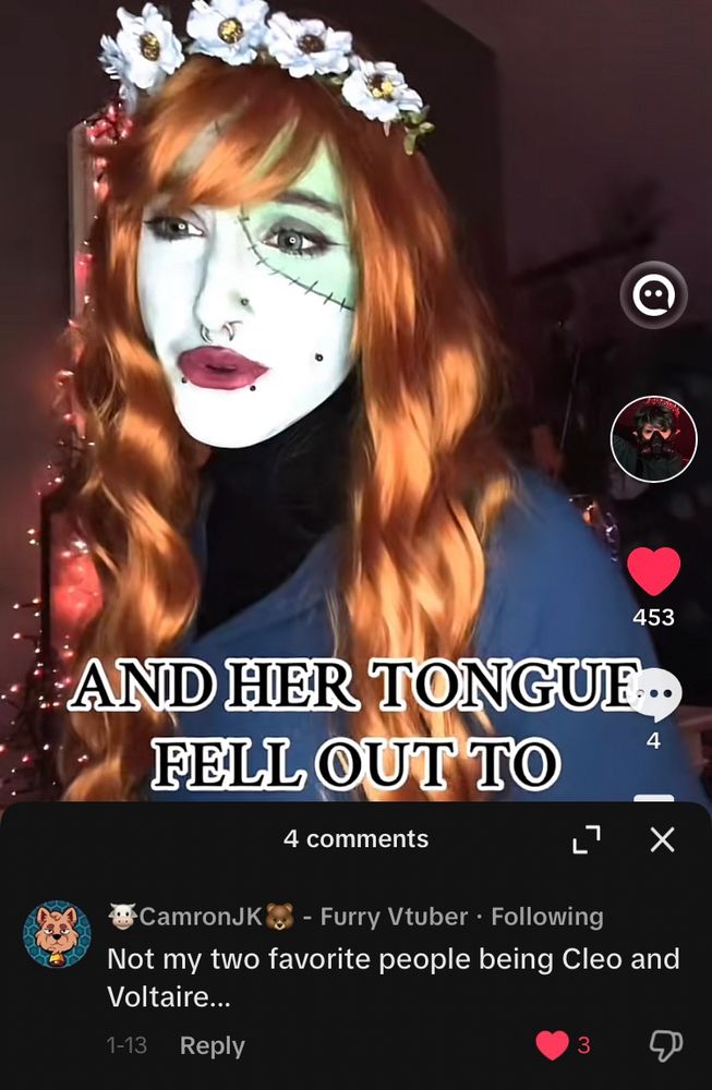 Screenshot of a ZombieCleo cosplay with the comments partially open. CamronJK has commented saying “not my two favouring people being Cleo and Voltaire…”